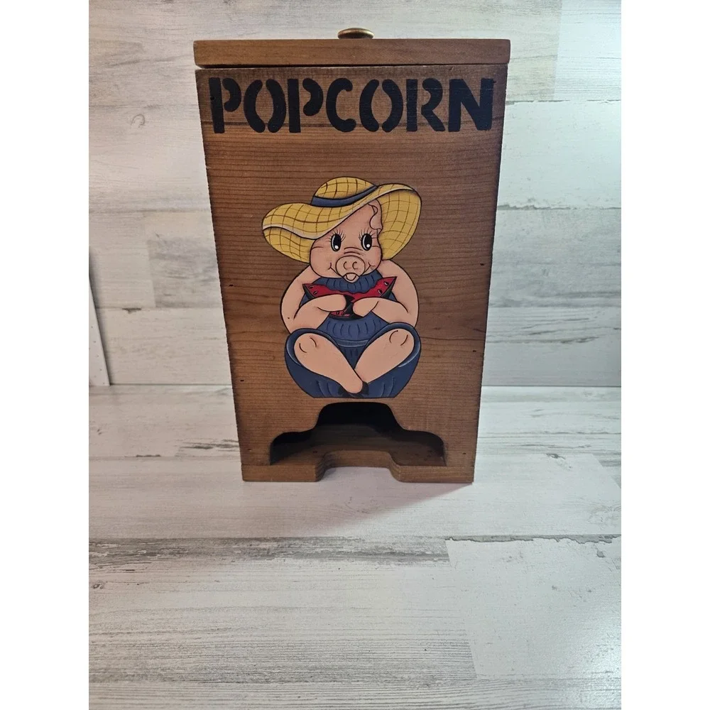 Vintage Wooden Popcorn Dispenser Bin Hand Painted Pig Farmhouse Rustic Decor